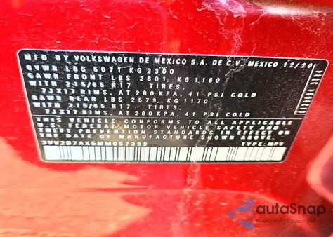 2021 Volkswagen Tiguan Se z USA, uszkodzony, nr VIN 3VV2B7AX5MM057399